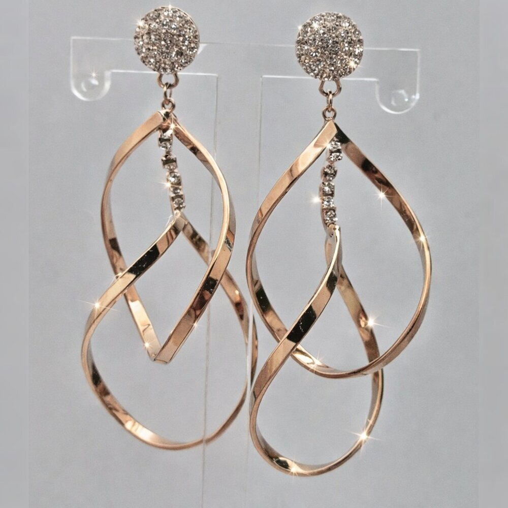 Twist Teardrop Dangle Earrings Rhinestone Studs Gold Tone 925 Sterling Silver